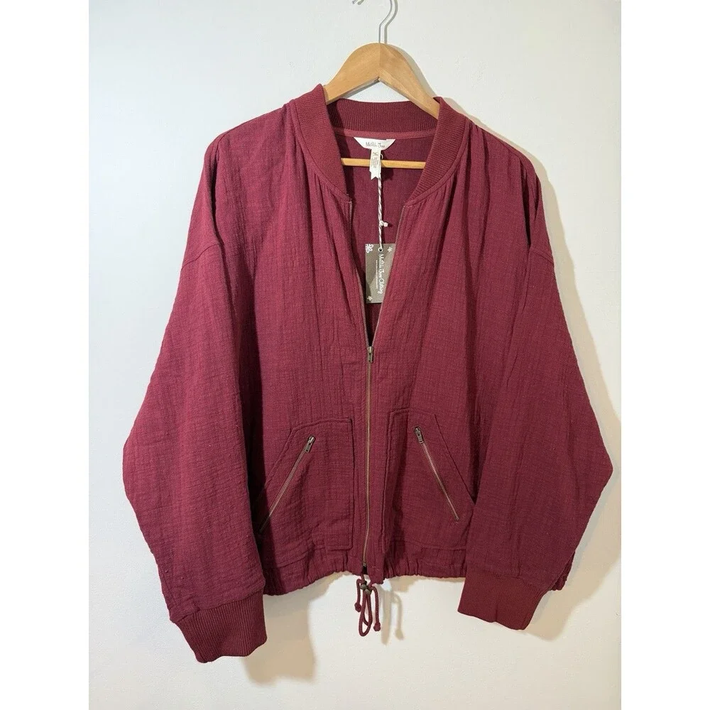 Matilda Jane Womens XL Jacket Heart to Heart Maroon Gauze Full Zip Bomber NWT